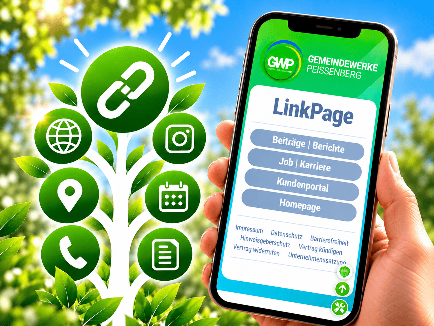 Smartphone mit der LinkPage der Gemeindewerke Peißenberg neben einem stilisierten weißen LinkBaum mit grünen Symbolen für Website, soziale Medien, Standort, Kalender, Telefon und Dokumente.