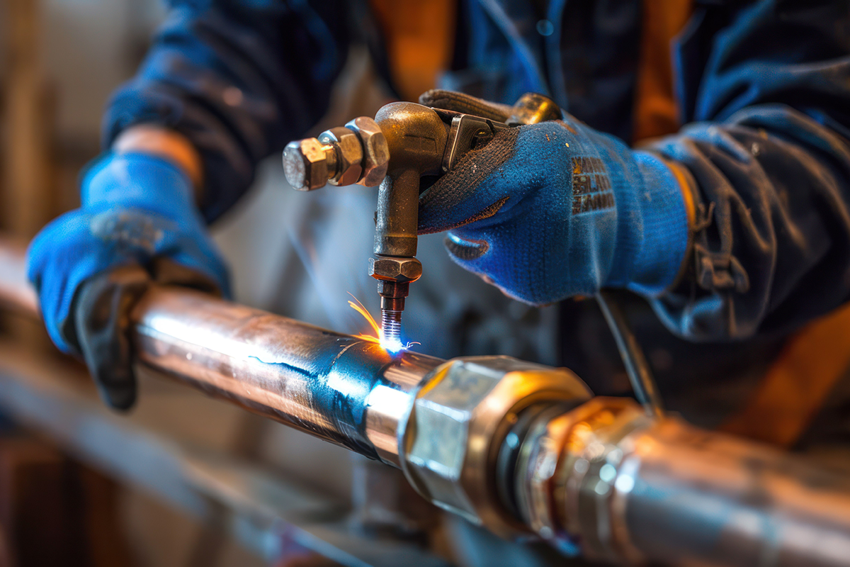 Fachkraft bearbeitet eine Gasleitung bei Installations- und Wartungsarbeiten.