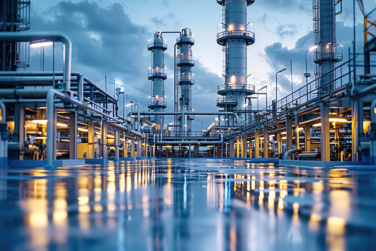 Industrielle Energieanlage mit Rohrleitungen, Türmen und technischer Infrastruktur.