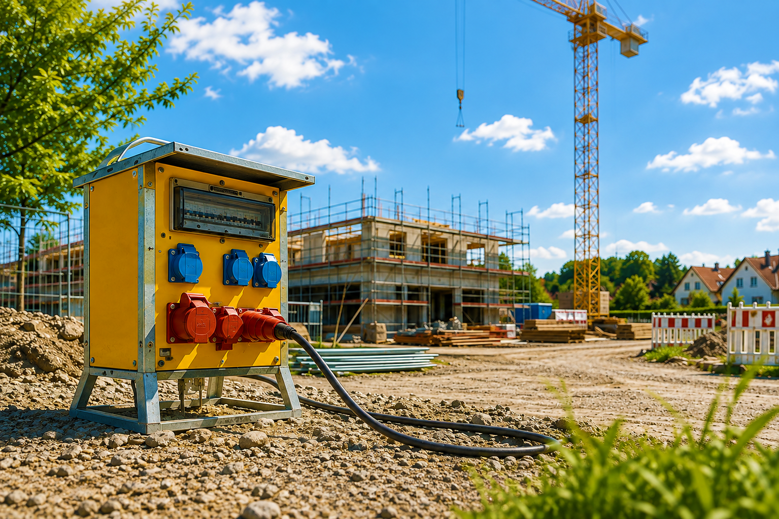 Baustromverteiler auf einer Baustelle vor einem Neubau mit Kran und Gerüst für die temporäre Stromversorgung während der Bauphase.