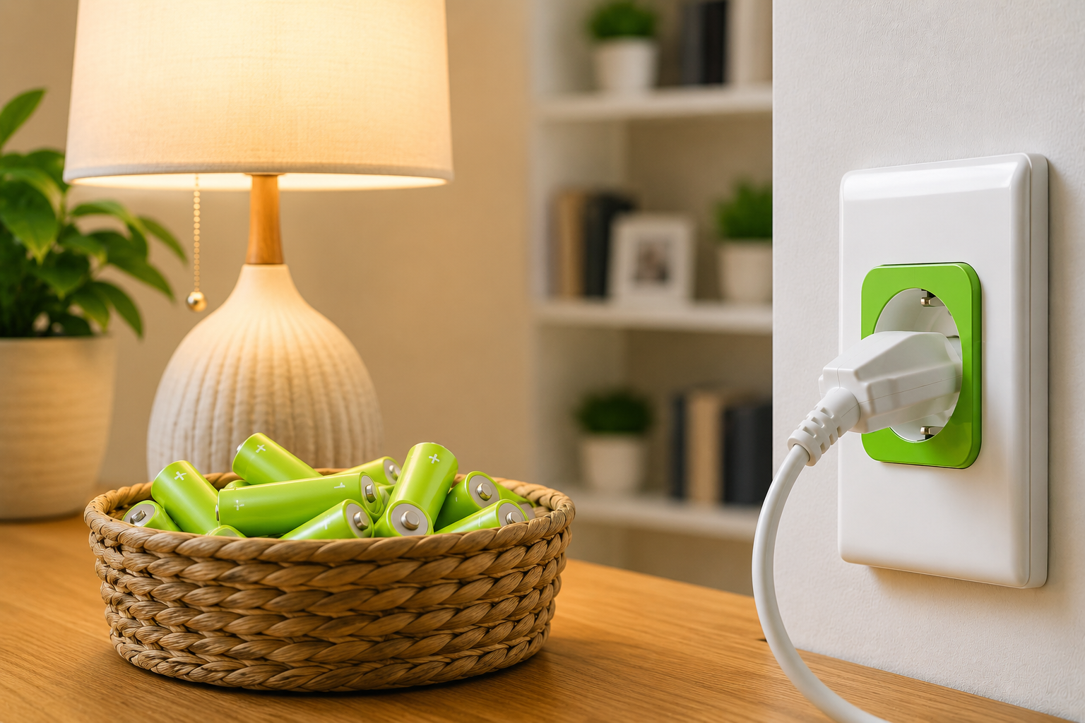 Korb mit Batterien neben einer Steckdose und eingeschalteter Tischlampe als Symbol für eine vorübergehende Stromversorgung.