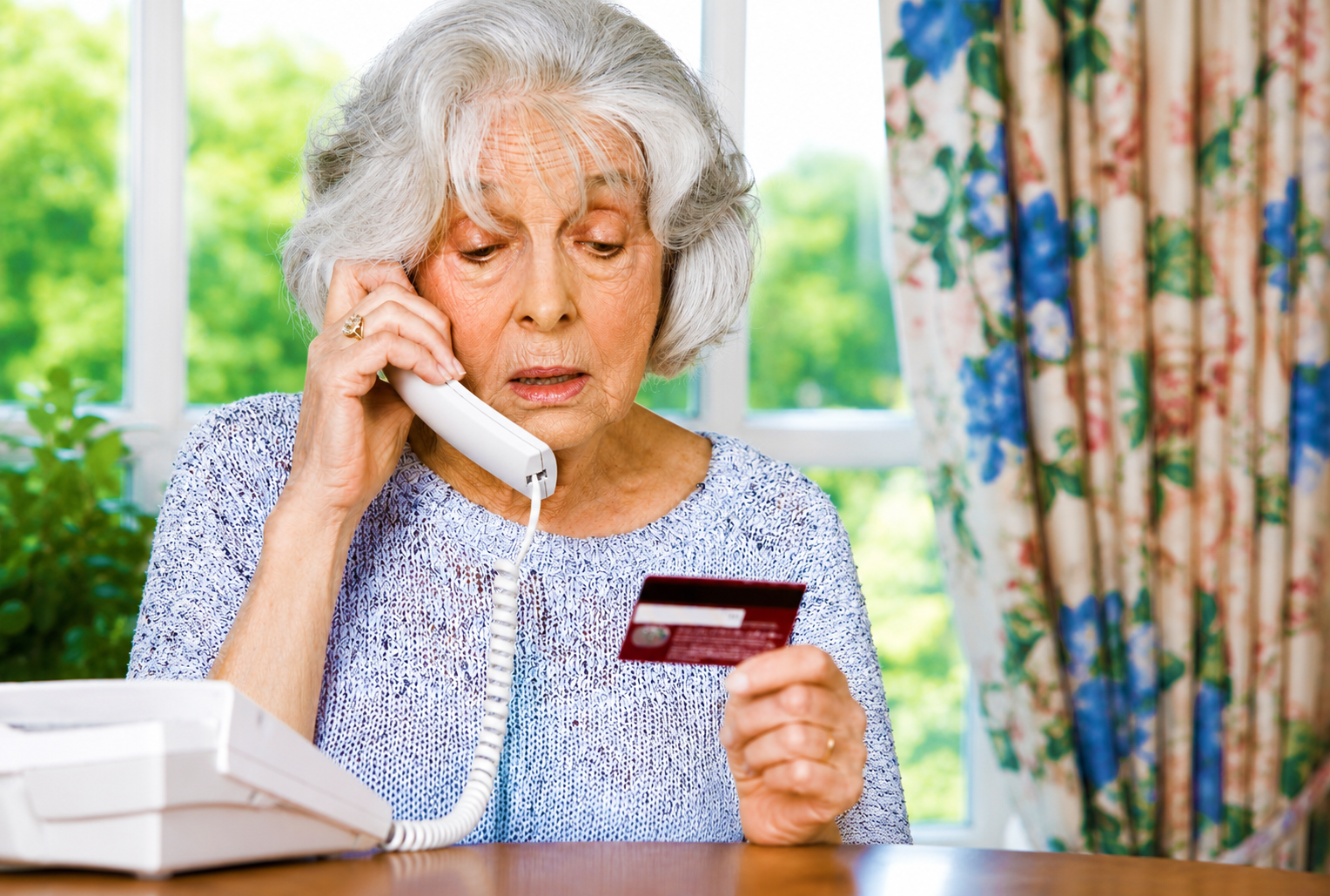 Ältere Frau telefoniert zu Hause und hält eine Bankkarte in der Hand – Symbolbild für Telefonbetrug und betrügerische Anrufe.