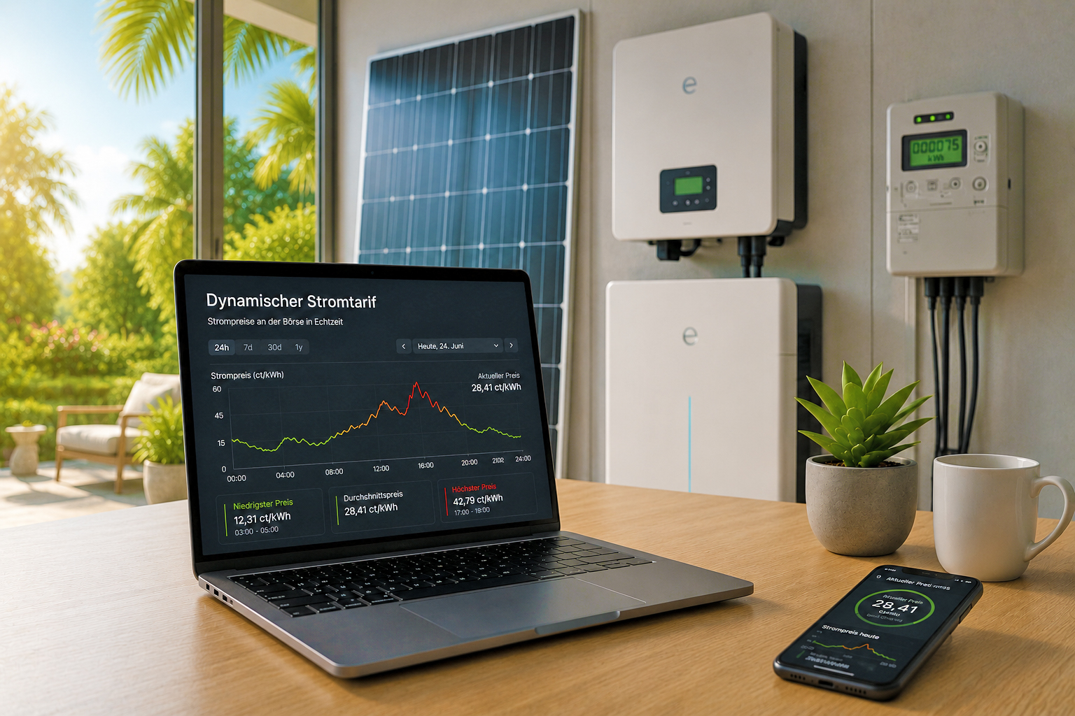 Laptop mit Strompreis-Analyse, Smart Meter und Energiespeicher für einen dynamischen Stromtarif.