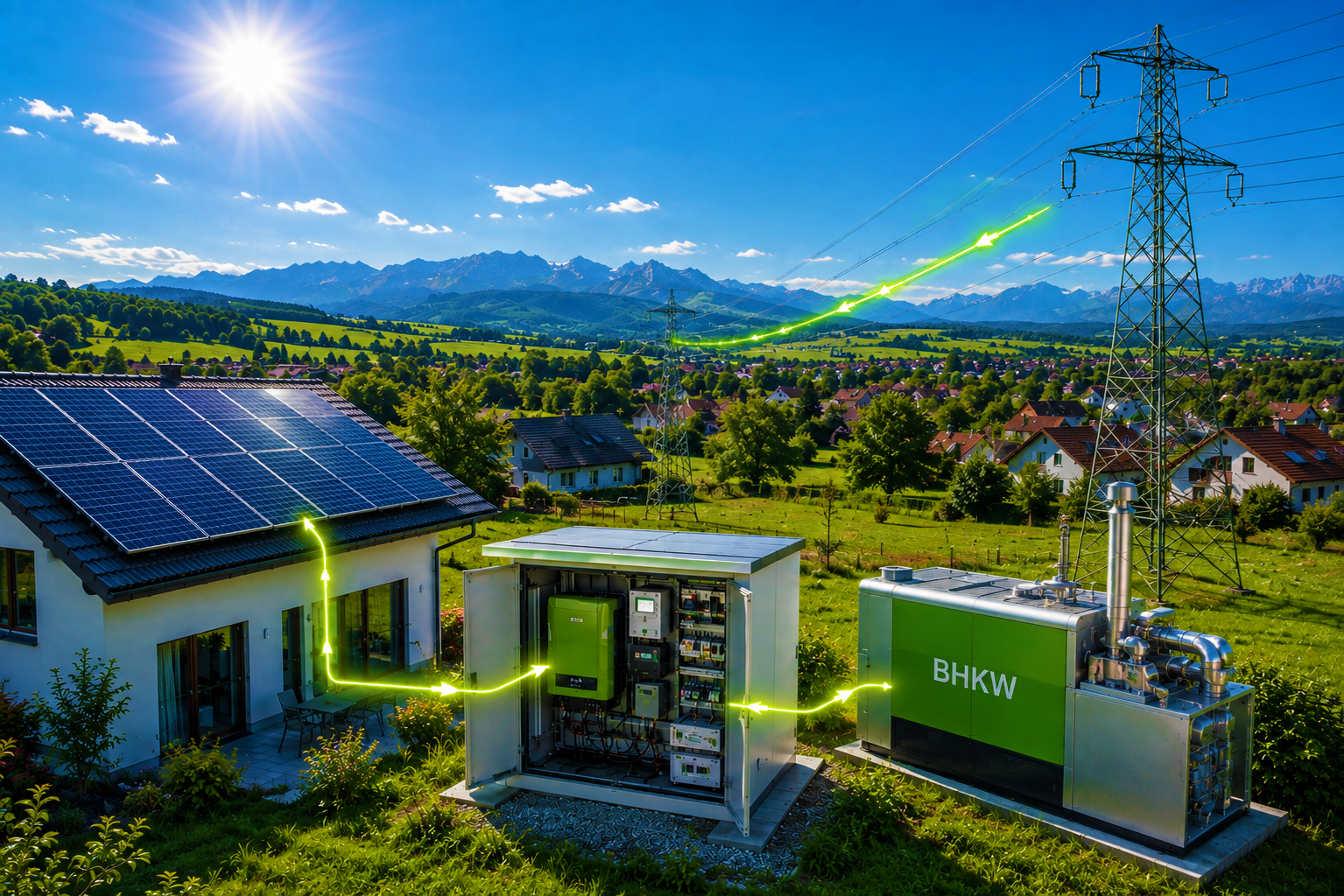 Photovoltaikanlage und Blockheizkraftwerk speisen über eine Netzanschlussanlage Strom in das öffentliche Stromnetz ein. Im Hintergrund sind ein Dorf, Strommasten und die Alpenlandschaft zu sehen.
