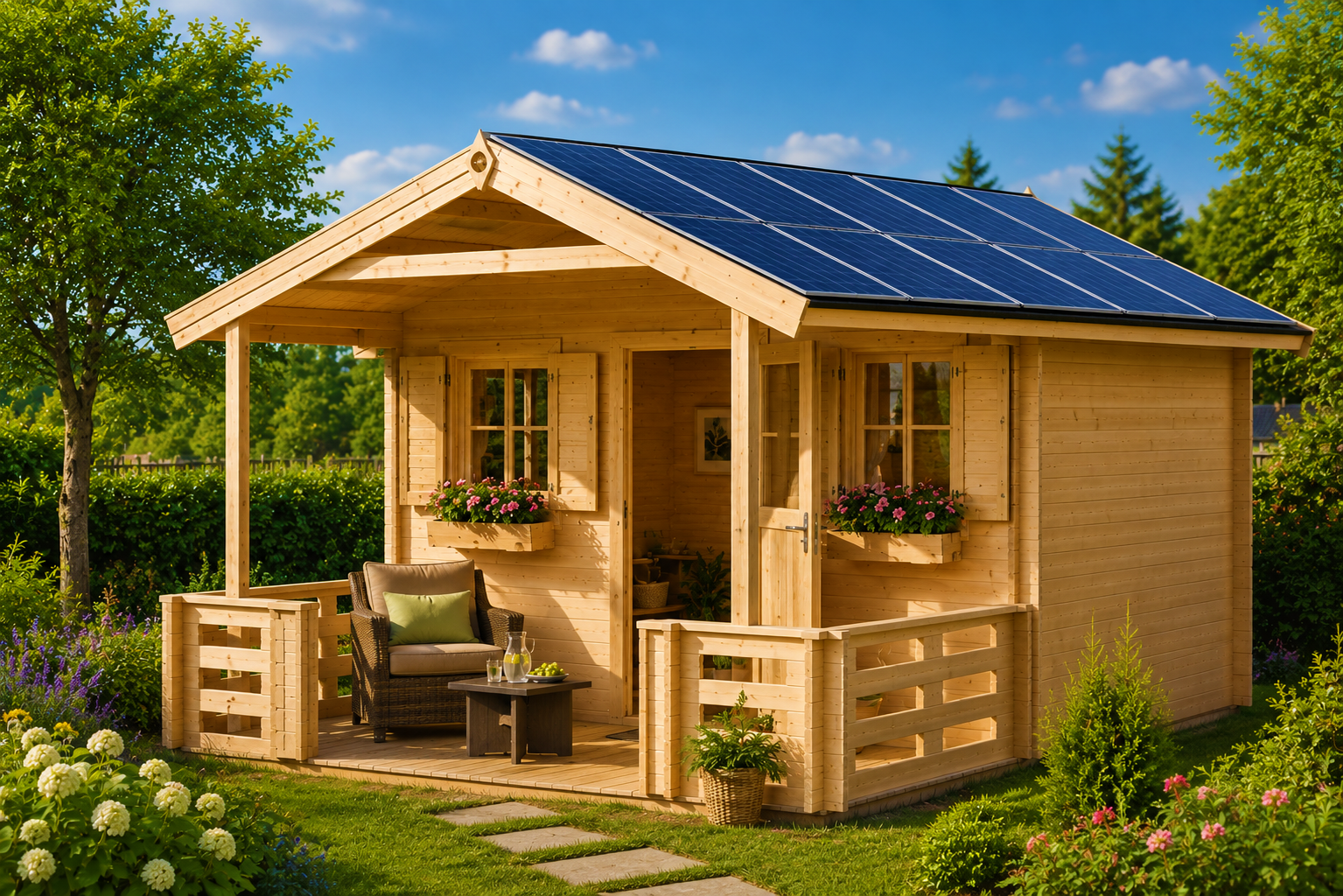 Photovoltaikanlage auf dem Dach eines Gartenhauses mit Terrasse in einem sonnigen Garten.