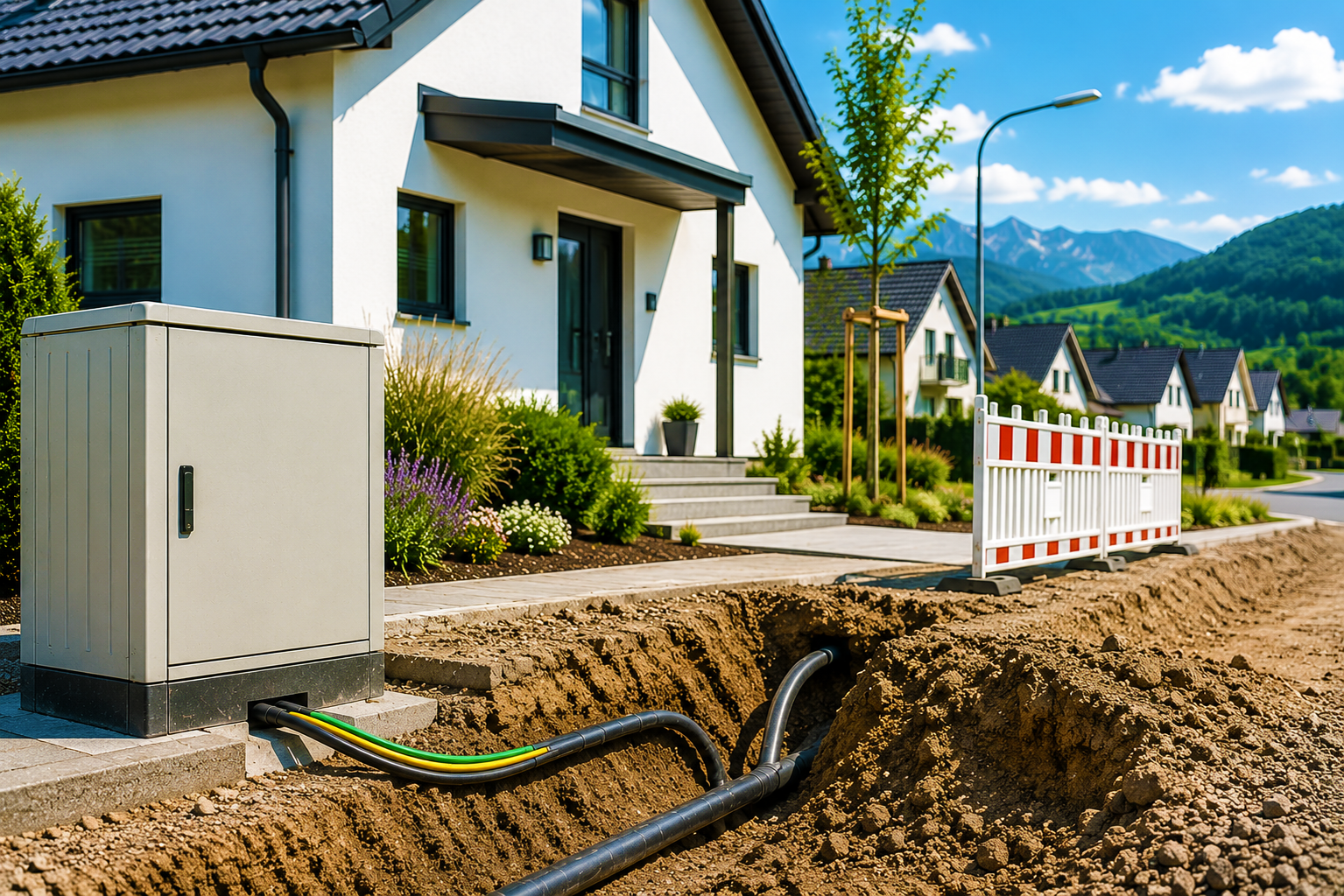 Hausanschlussleitungen für Stromversorgung vor einem Neubau im Versorgungsgebiet der Gemeindewerke Peißenberg.