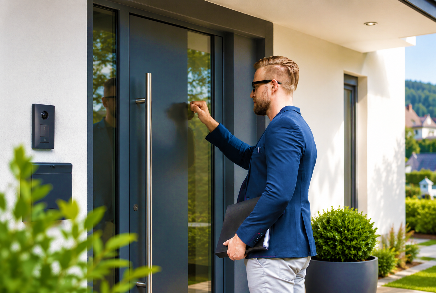 Mitarbeiter klingelt an der Haustür eines modernen Einfamilienhauses für einen persönlichen Vor-Ort-Termin.