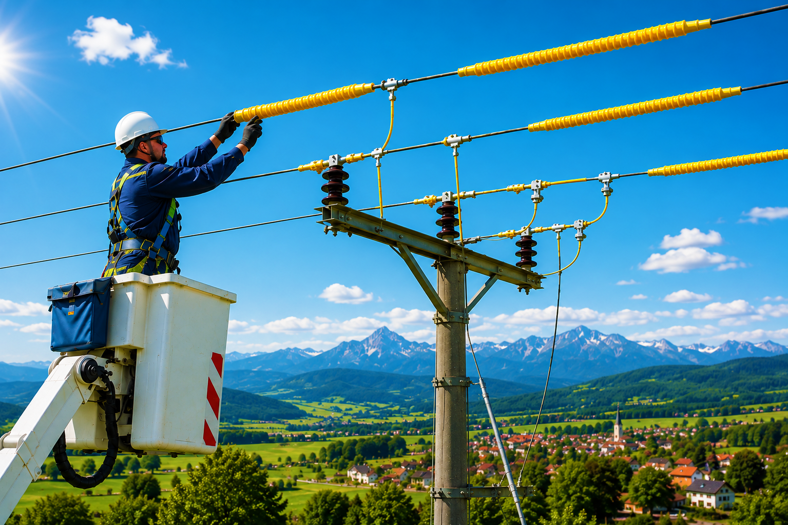Netzmonteur isoliert eine Freileitung mit gelben Schutzisolierungen an einem Strommast vor sommerlicher Alpenkulisse.