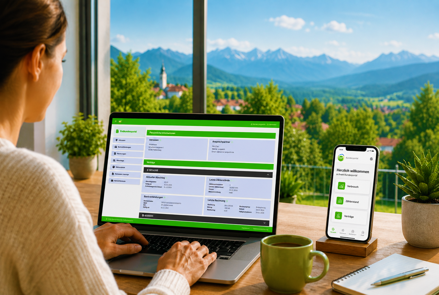 Frau nutzt das digitale Kundenportal der Gemeindewerke Peißenberg auf einem Laptop. Im Hintergrund sind eine Voralpenlandschaft und ein Dorfpanorama zu sehen.