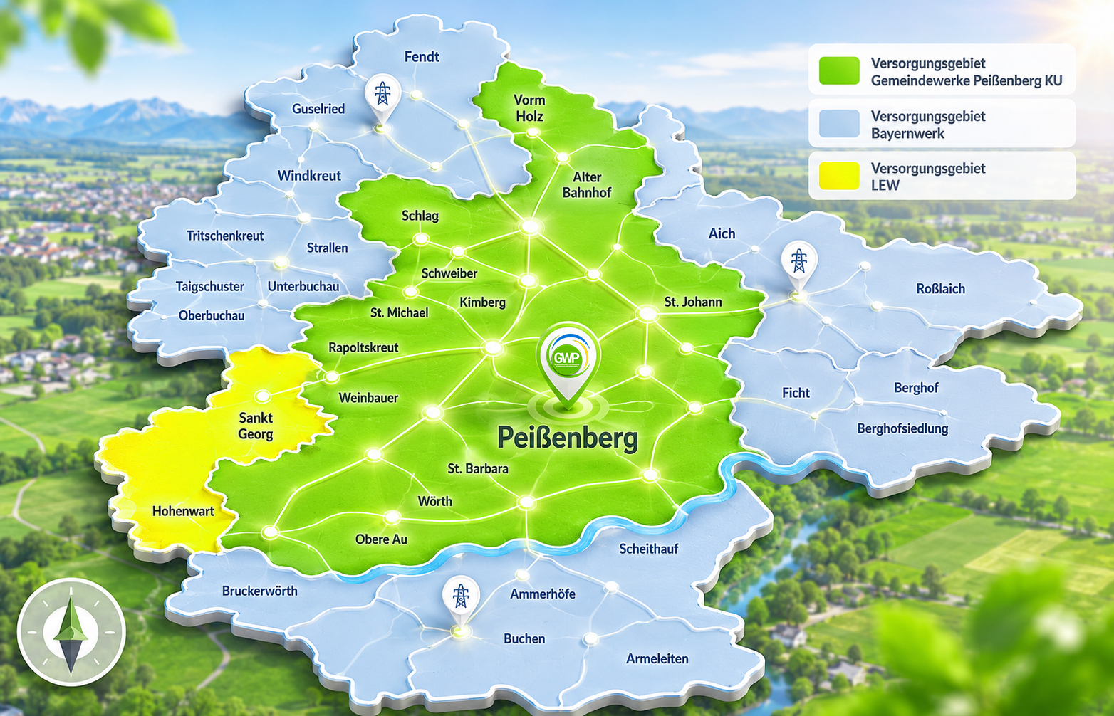 Symbolische Netzkarte mit Versorgungsgebieten und Grundversorgern im Raum Peißenberg.