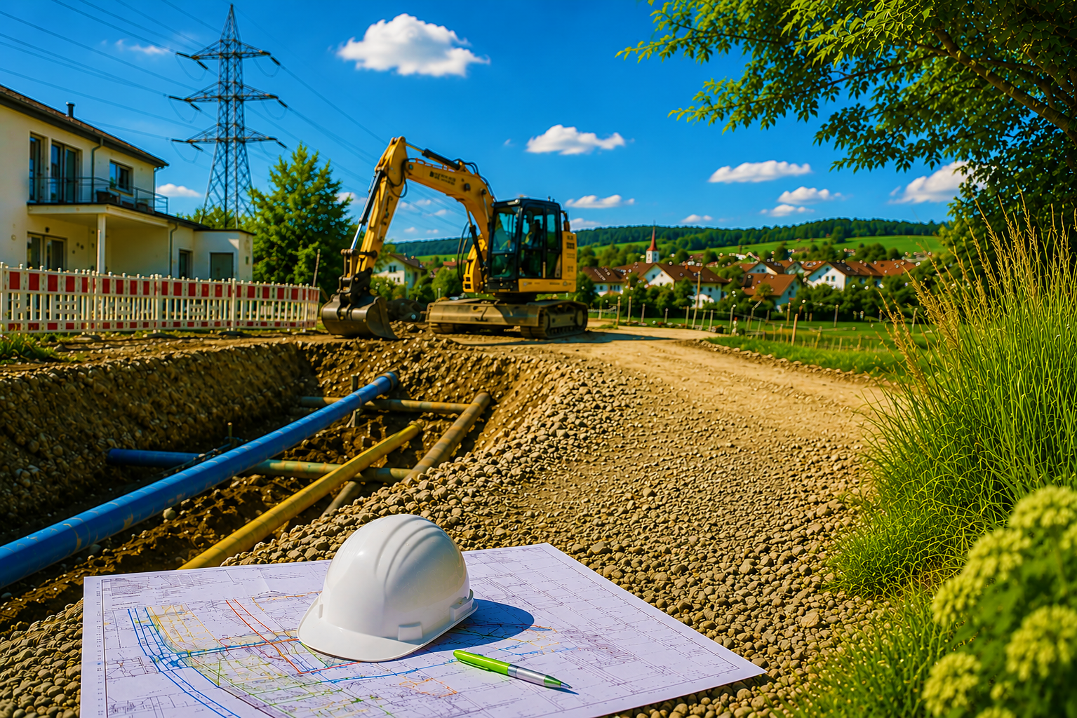 Planauskunft der Gemeindewerke Peißenberg: Bauhelm auf Leitungsplan vor einer Baustelle mit Strom-, Wasser- und Abwasserleitungen sowie Strommast im Hintergrund.