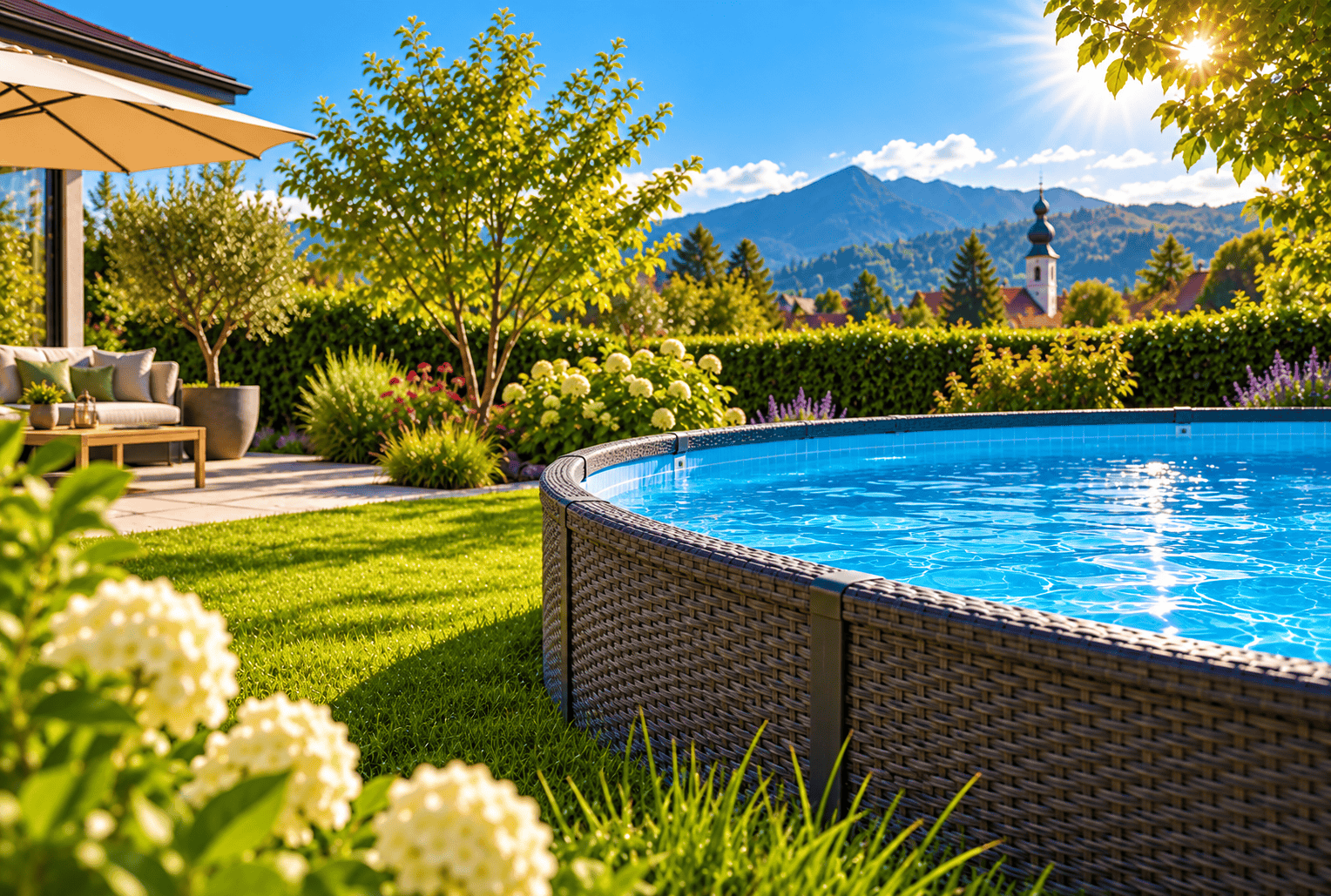 Pool mit Rattanoptik in einem Garten vor bayerischer Bergkulisse