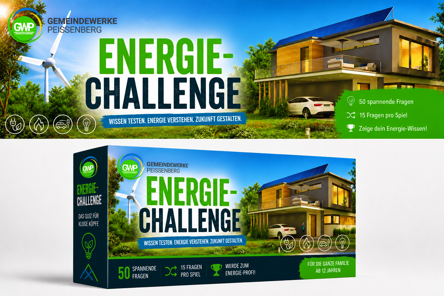 Produktverpackung der GWP Energie-Challenge mit modernem energieeffizientem Haus, Photovoltaikanlage, Windkraftanlage und Elektroauto
