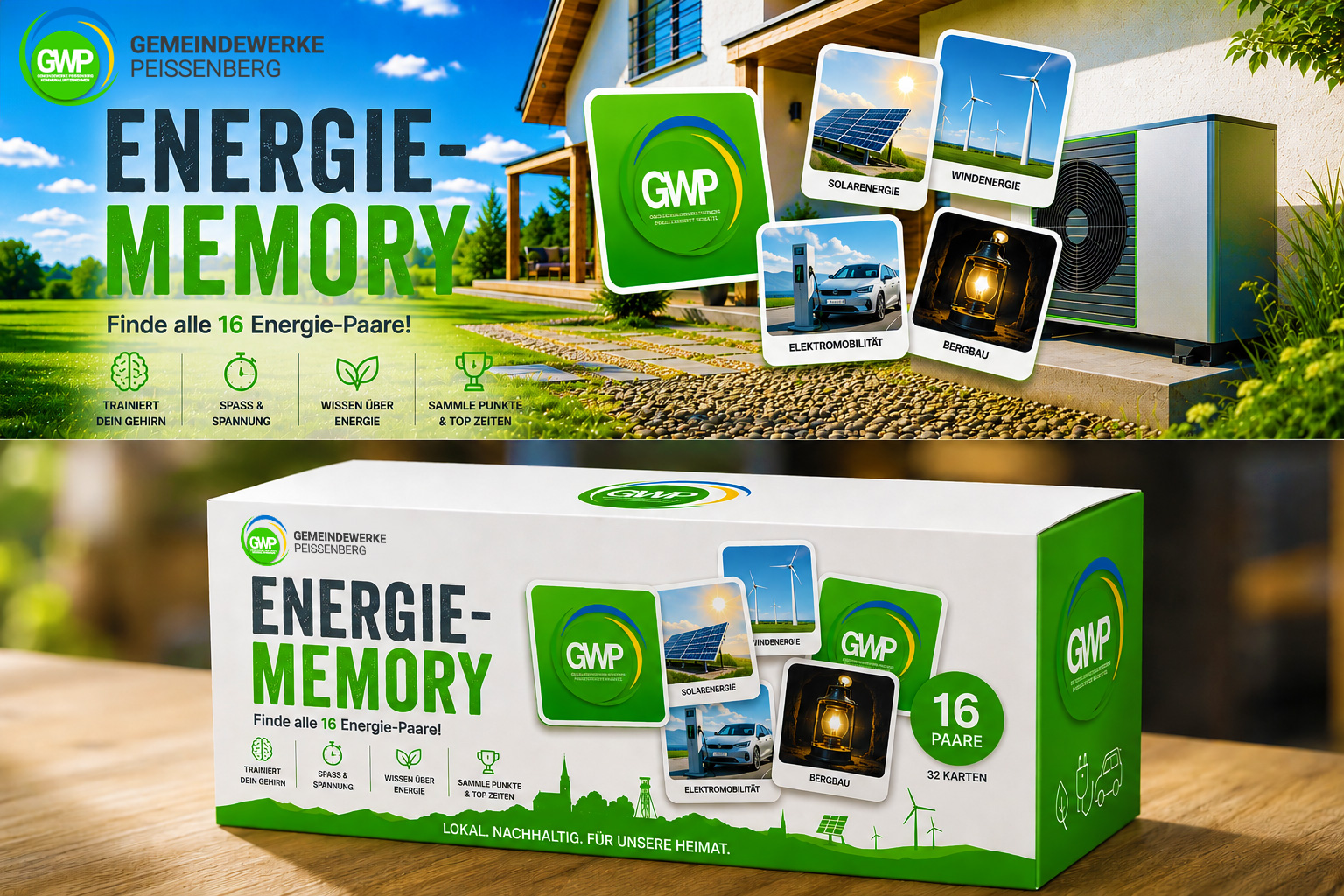 Energie-Memory von Gemeindewerke Peißenberg mit Spielkarten zu Solarenergie, Windenergie, Elektromobilität und Bergbau vor einem modernen Wohnhaus mit Wärmepumpe.