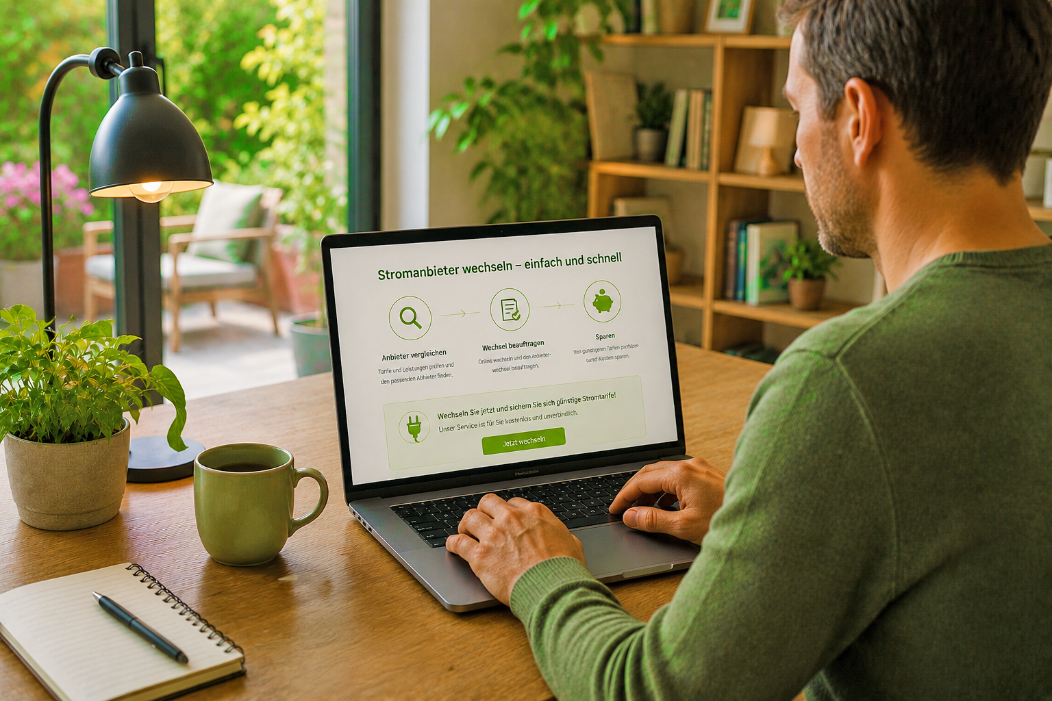 Kunde nutzt online den Wechselservice für Stromtarife am Laptop in einem modernen Homeoffice.