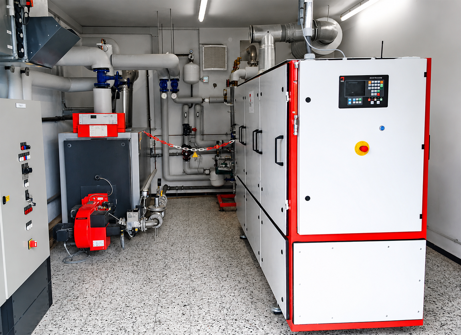 Technische Anlage einer modernen Heizzentrale mit Wärmeversorgungssystem.