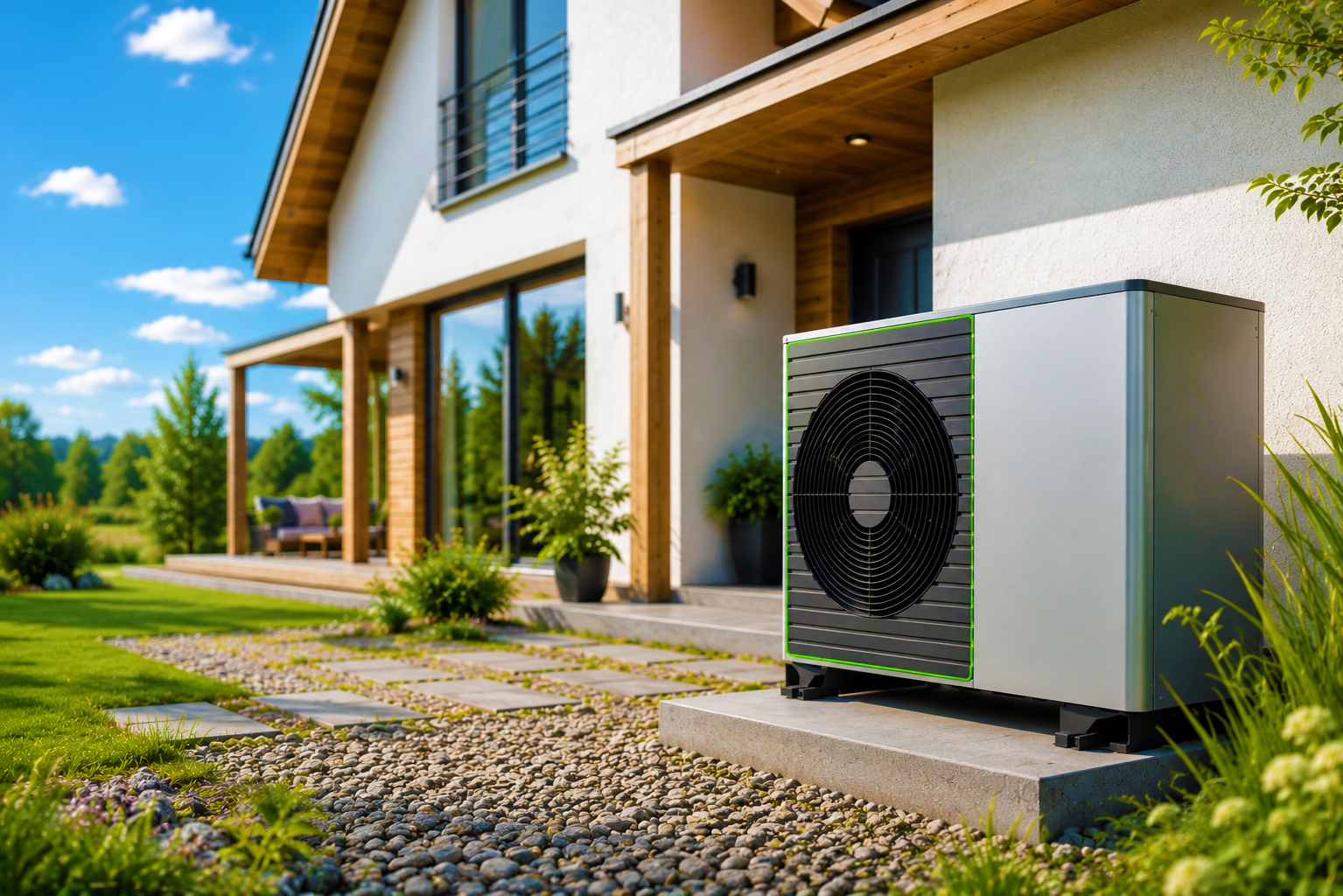 Moderne Luft-Wasser-Wärmepumpe vor einem energieeffizienten Einfamilienhaus im gepflegten Garten.