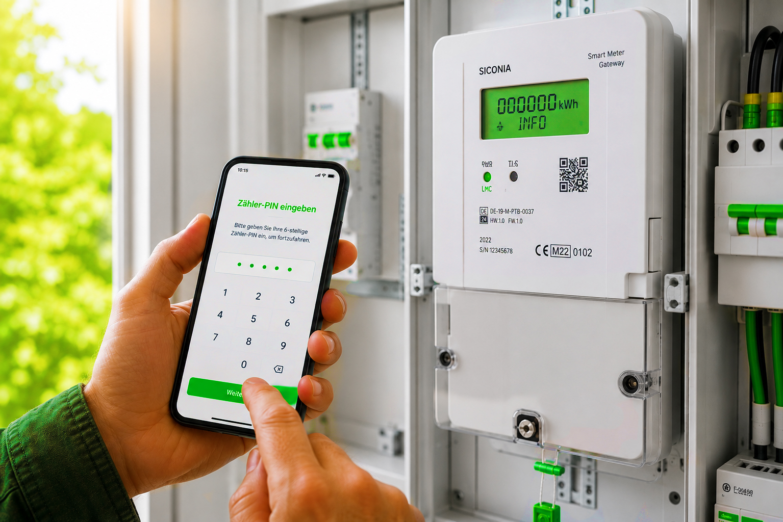 Kunde gibt die Zähler-PIN für einen digitalen Stromzähler über ein Smartphone ein.