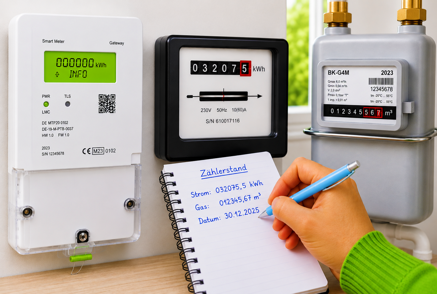 Person erfasst den Zählerstand eines Smart Meters, Stromzählers und Gaszählers in einem Notizblock zur Übermittlung an die Gemeindewerke Peißenberg.