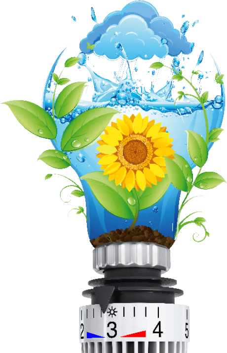 Grafische Darstellung nachhaltiger Energie mit Blume, Wasser und Thermostat.