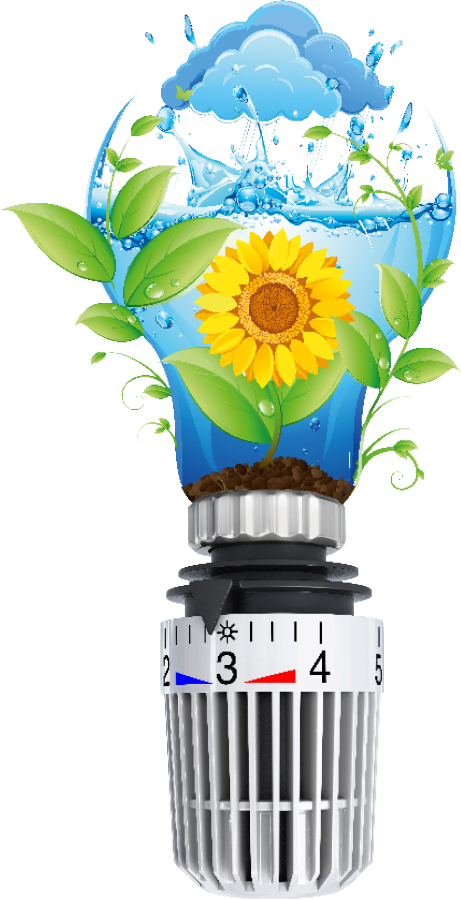 Grafische Darstellung nachhaltiger Energie mit Blume, Wasser und Thermostat.